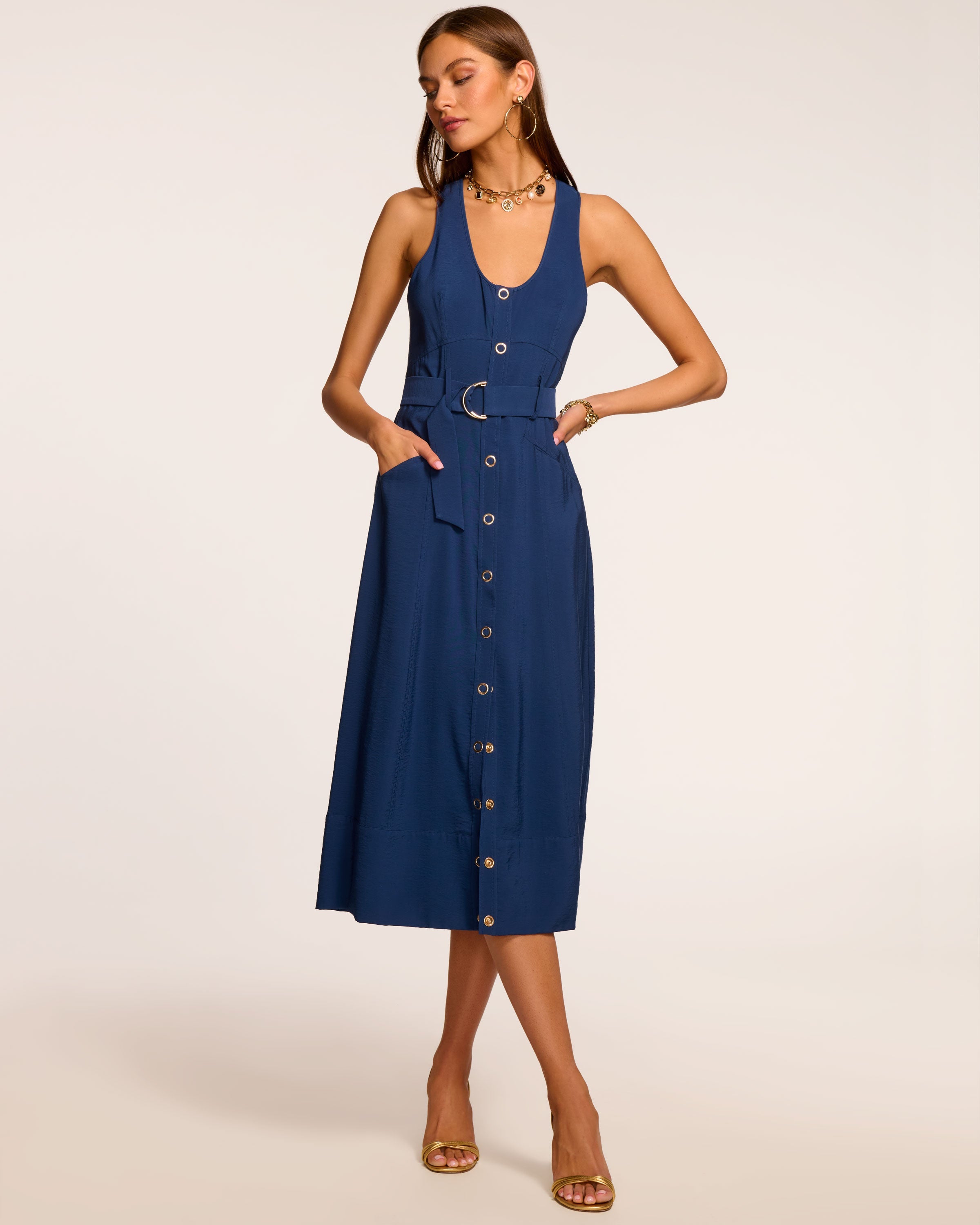Nomi Sleeveless Belted Midi Dress