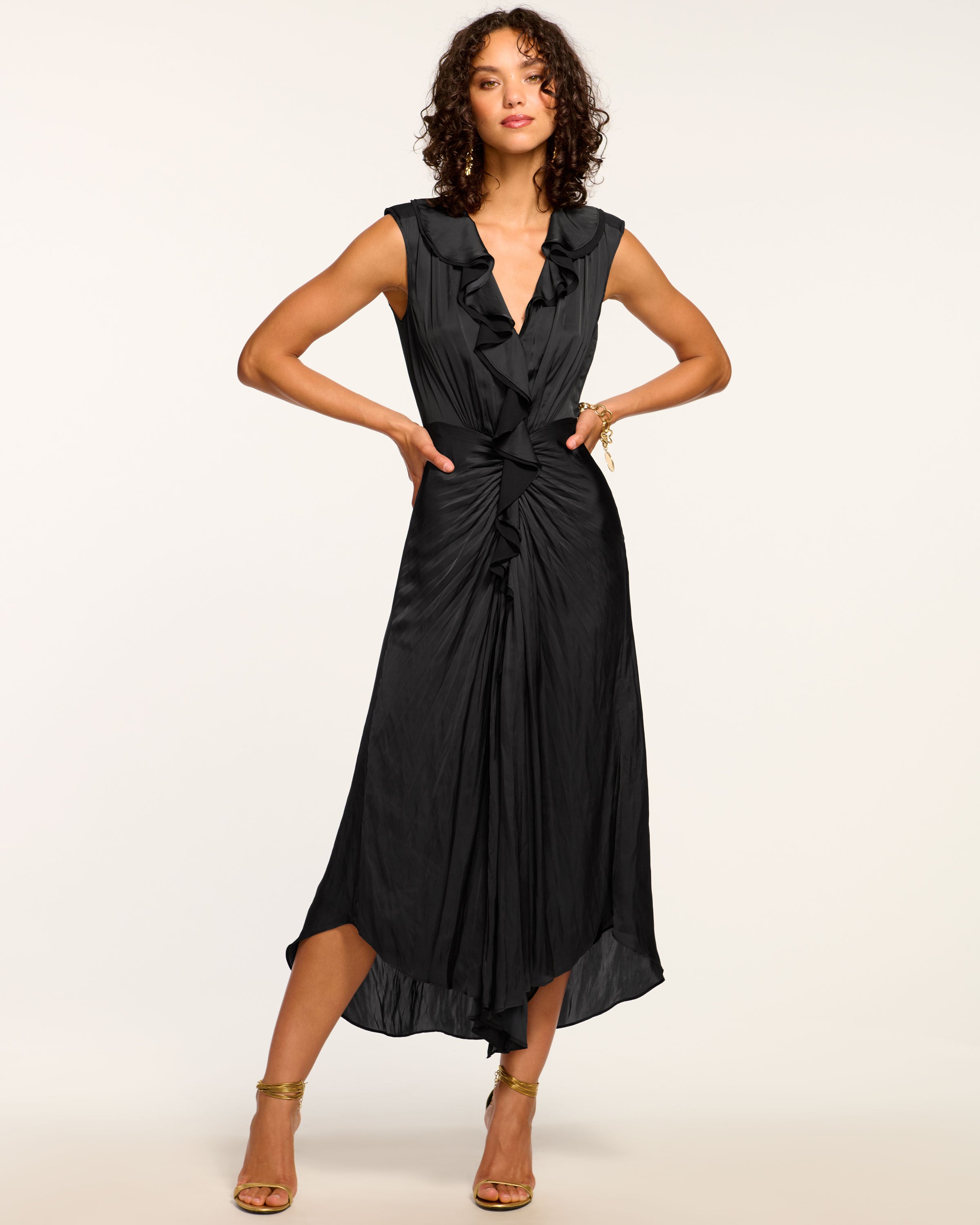 Olive Ruffle V-Neck Midi Dress